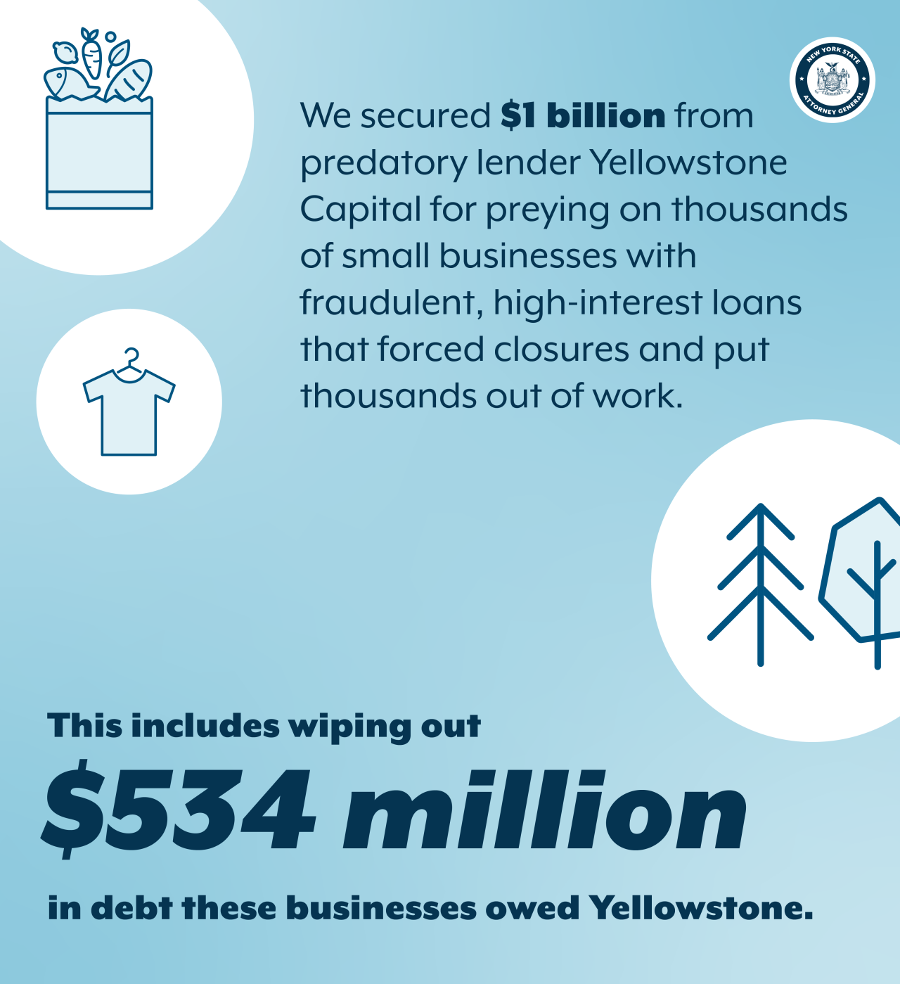 Blue backgound with clothes, tree and food icons.