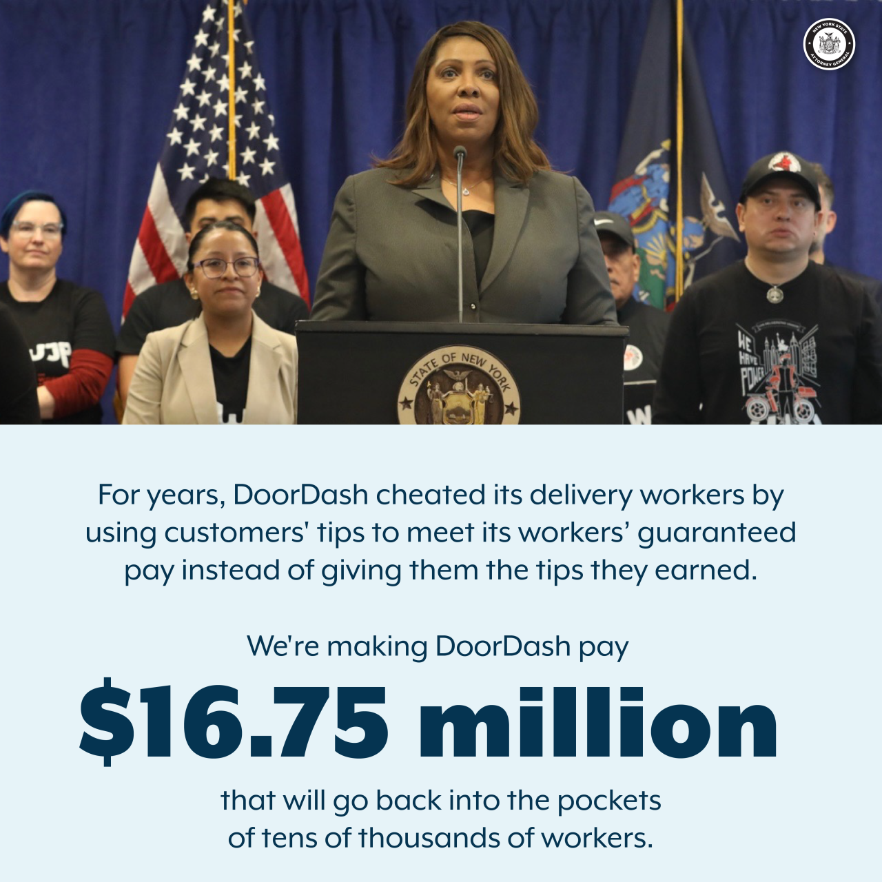 AG james at a podium with a group of people behind her