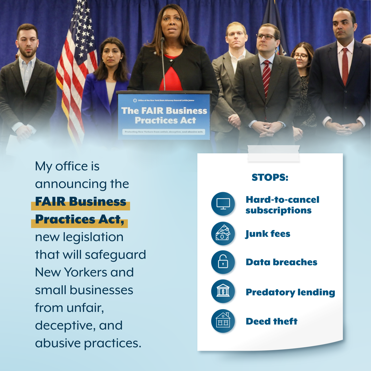 AG james at a podium with a group of people behind her