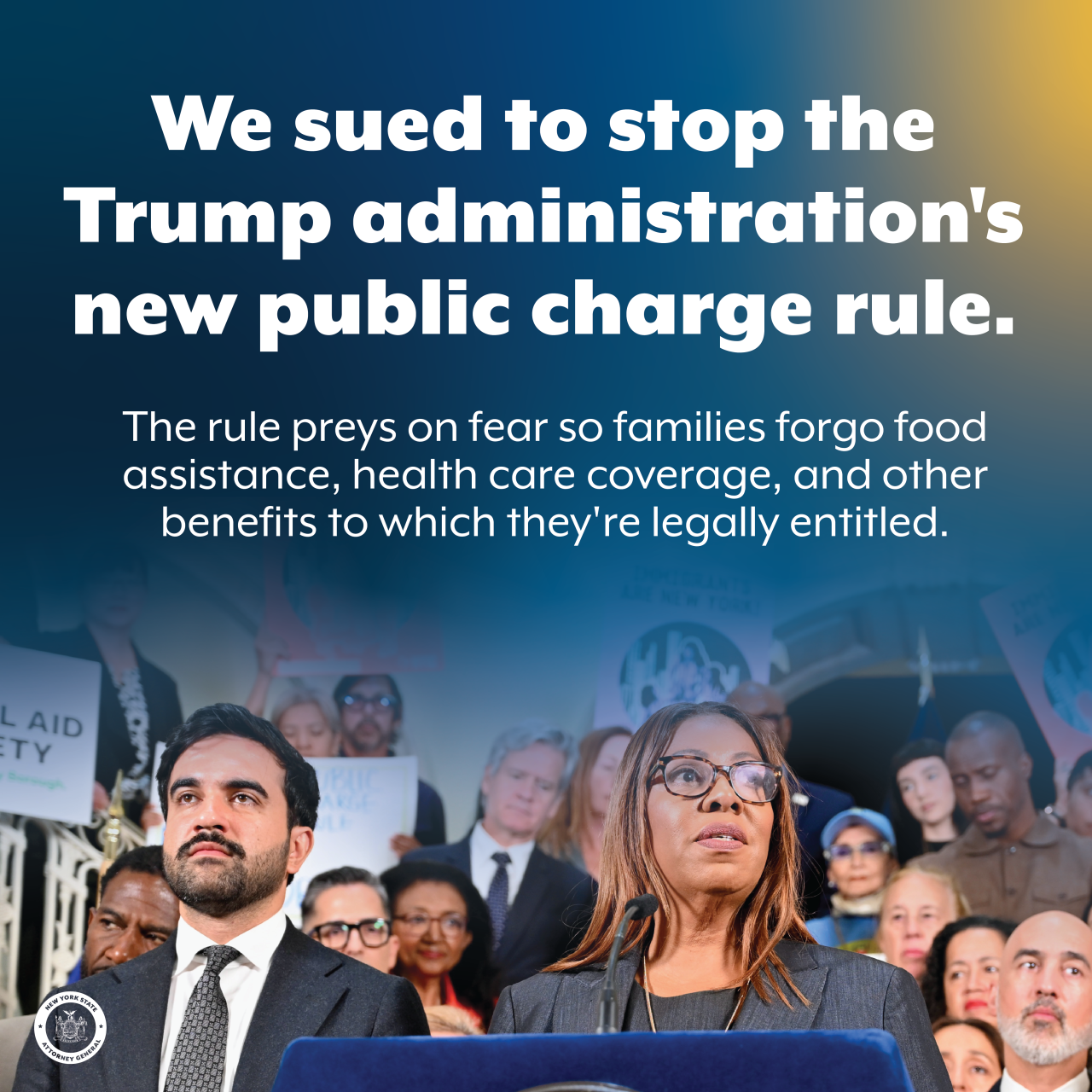 We sued to stop the Trump administration's new public charge rule. The rule preys on fear so families forgo food assistance, health care coverage, and other benefits to which they're legally entitled.